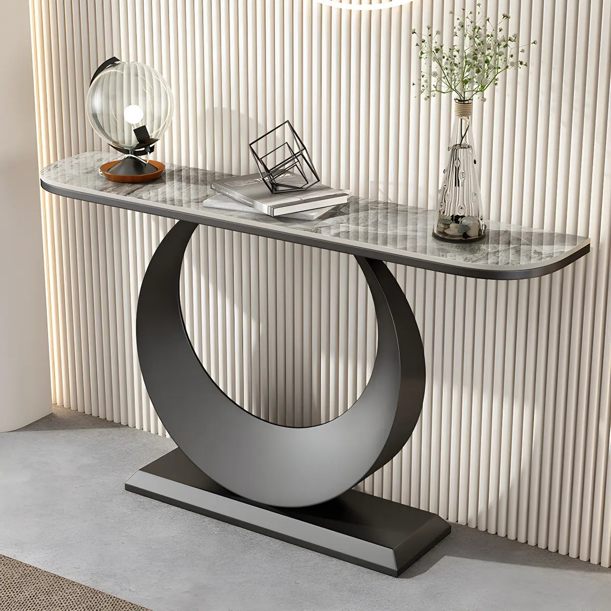 Half Moon Marble Metal Black Circle Base Console Table Image - 3