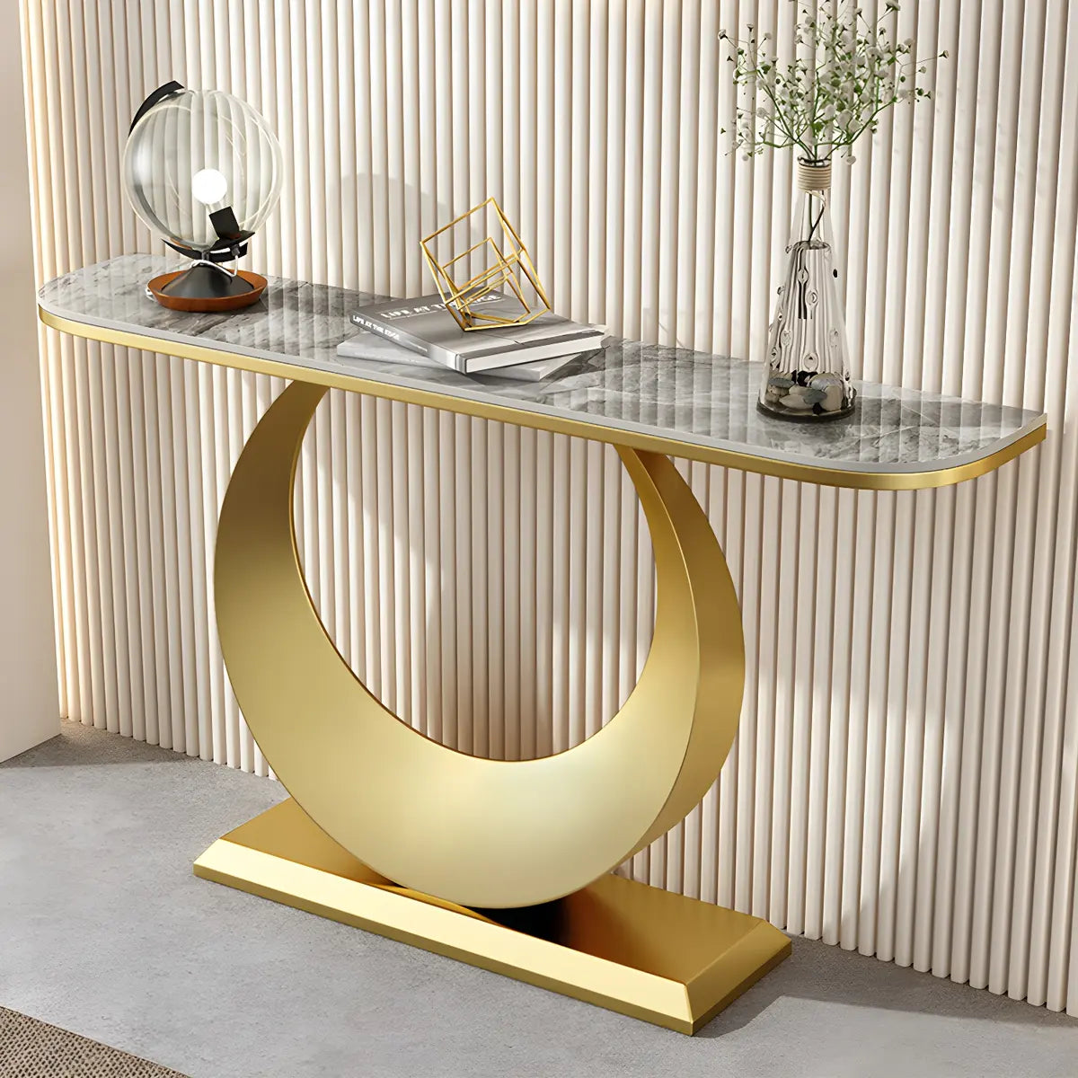 Half Moon Marble Metal Black Circle Base Console Table Image - 4