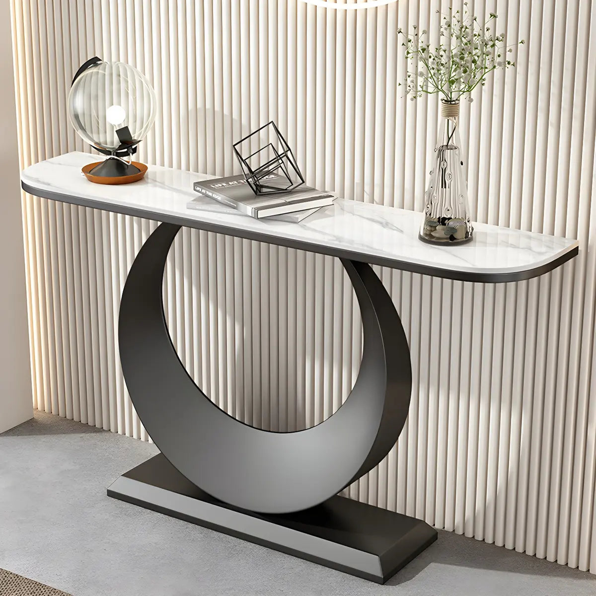 Half Moon Marble Metal Black Circle Base Console Table Image - 5