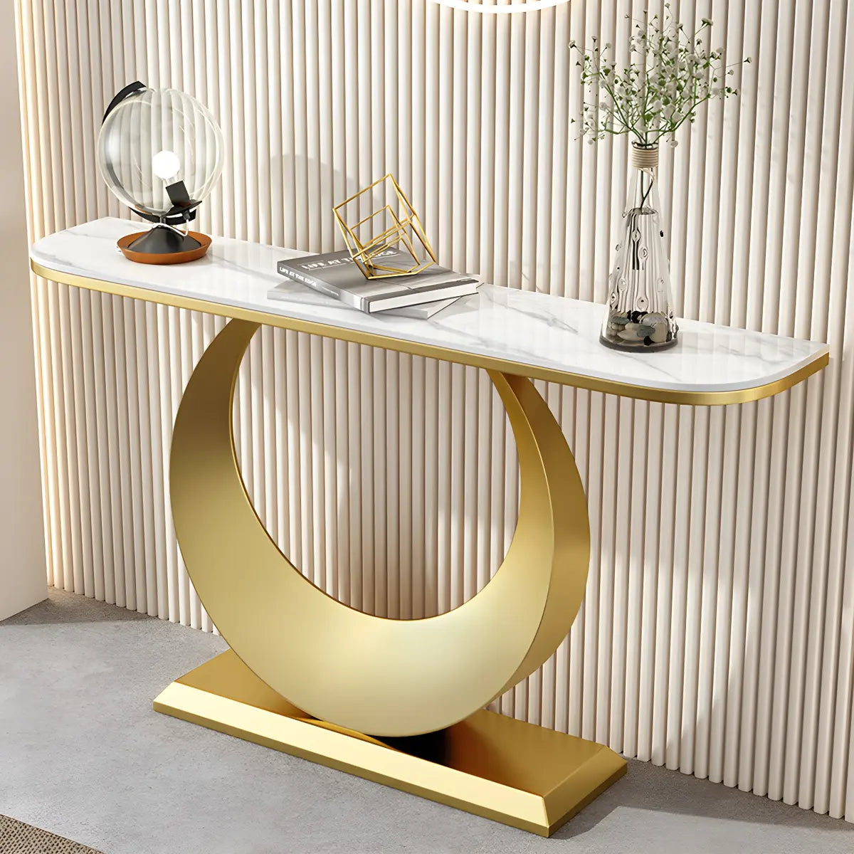 Half Moon Marble Metal Black Circle Base Console Table Image - 6