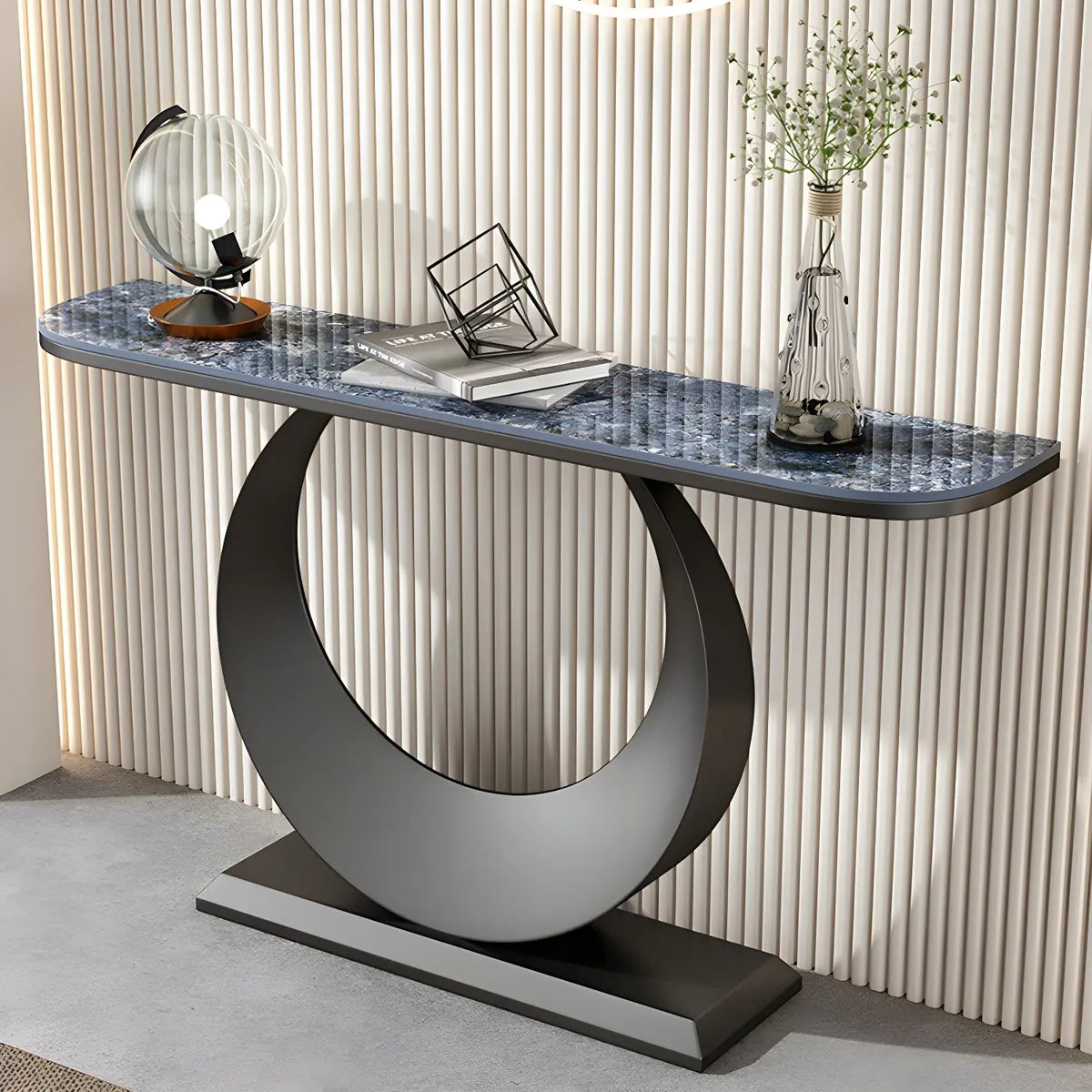 Half Moon Marble Metal Black Circle Base Console Table Image - 7