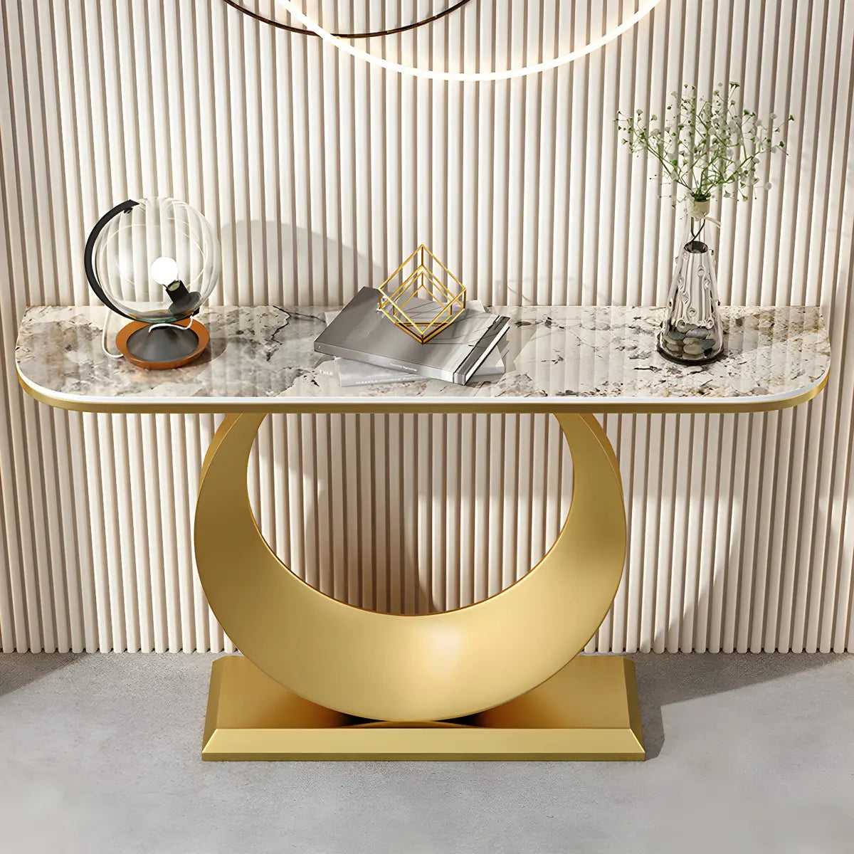 Half Moon Marble Metal Black Circle Base Console Table Image - 8