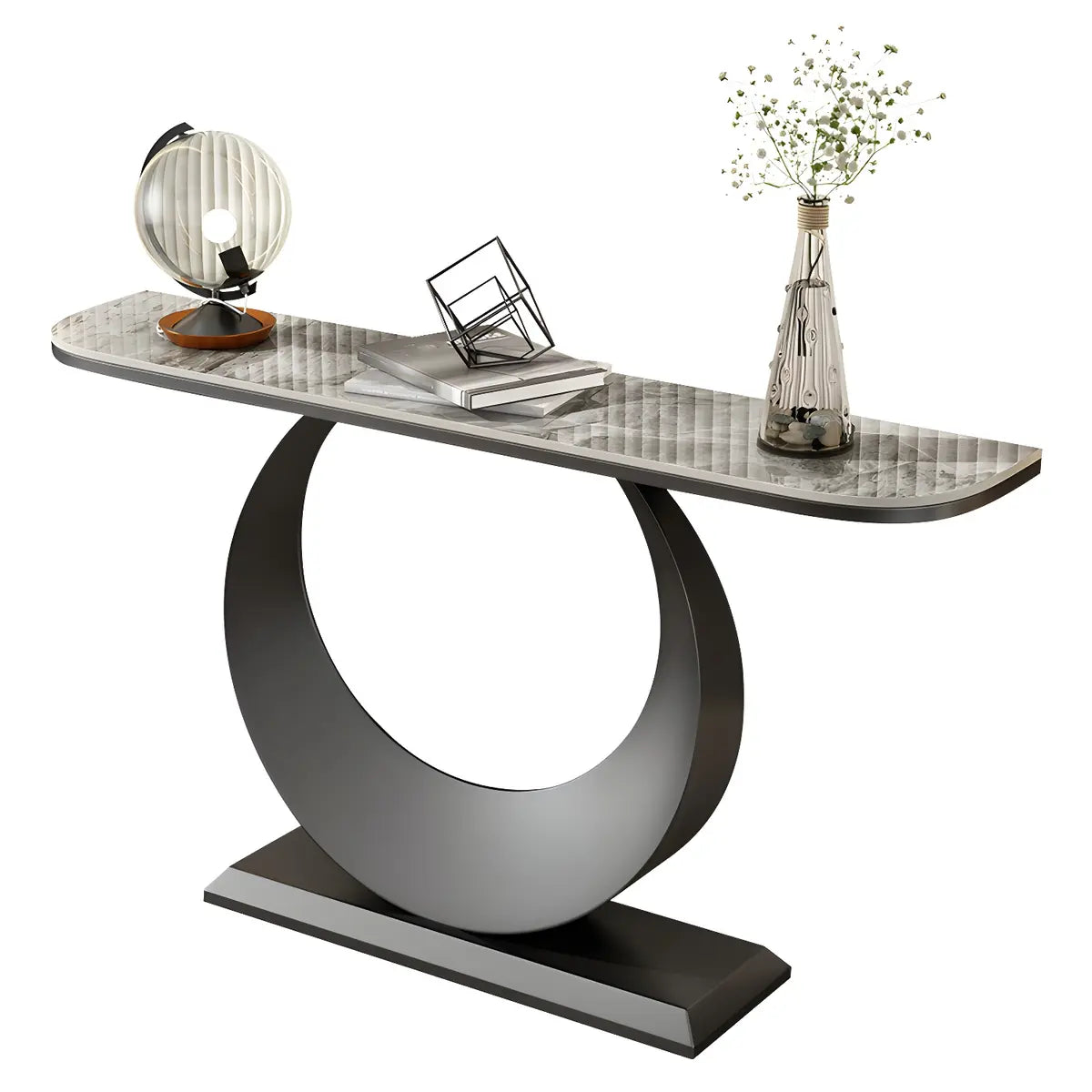 Half Moon Marble Metal Black Circle Base Console Table Image - 9