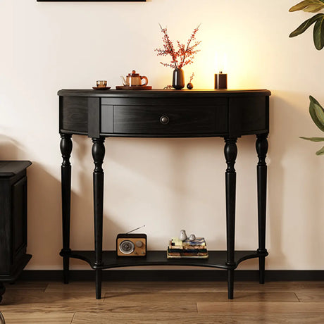 Half Moon Oak Wood Vintage Black Storage Console Table Image - 1