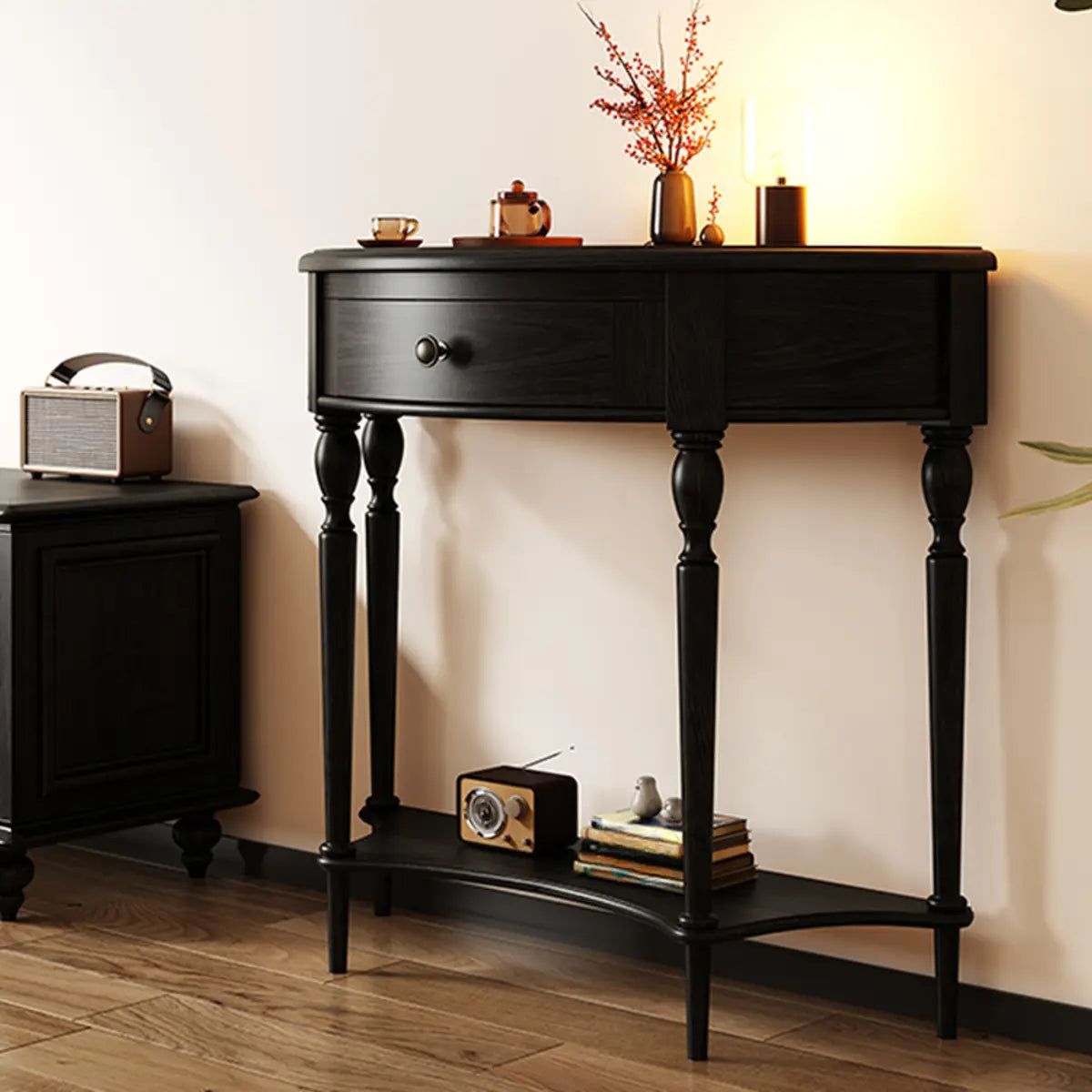 Half Moon Oak Wood Vintage Black Storage Console Table Image - 4