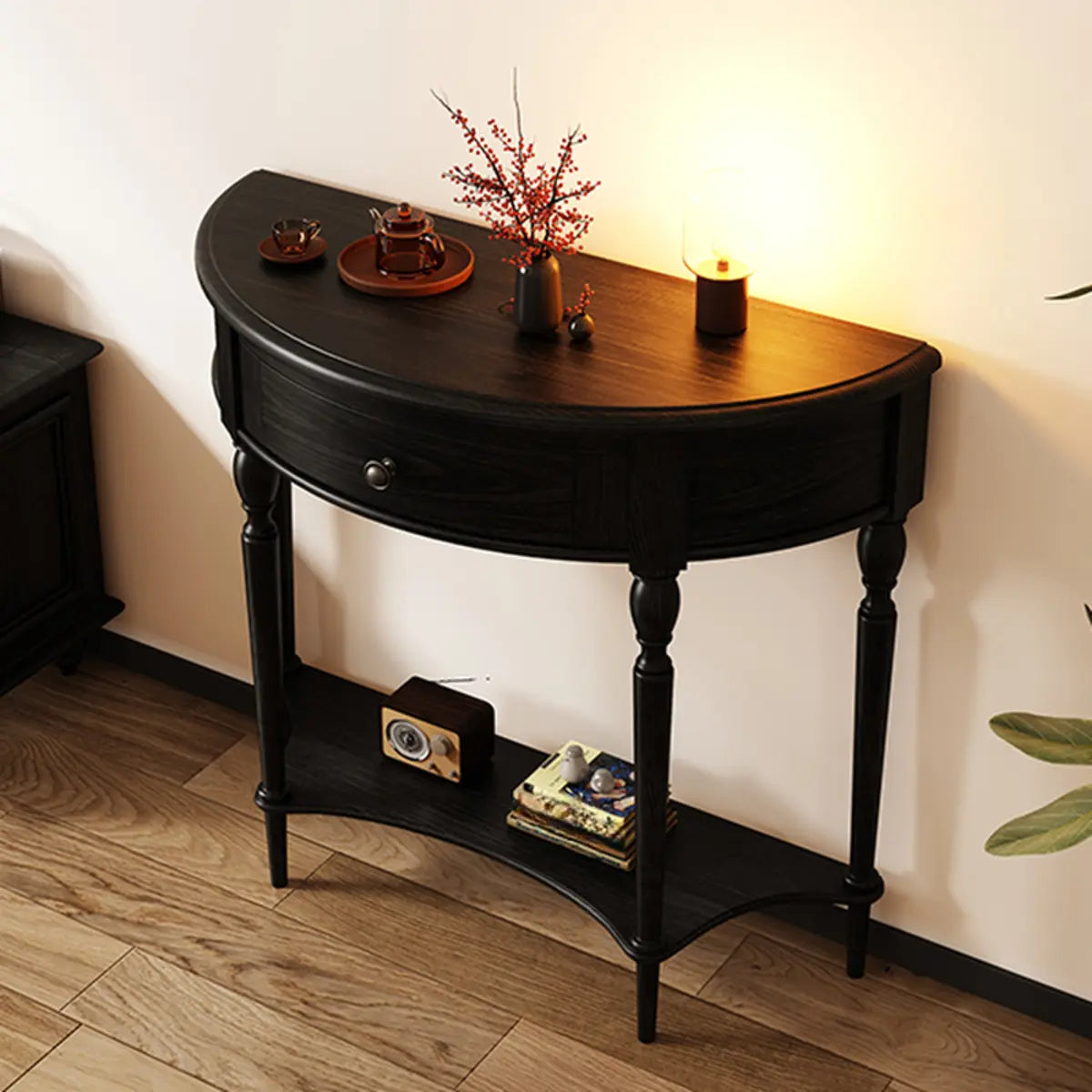 Half Moon Oak Wood Vintage Black Storage Console Table Image - 6