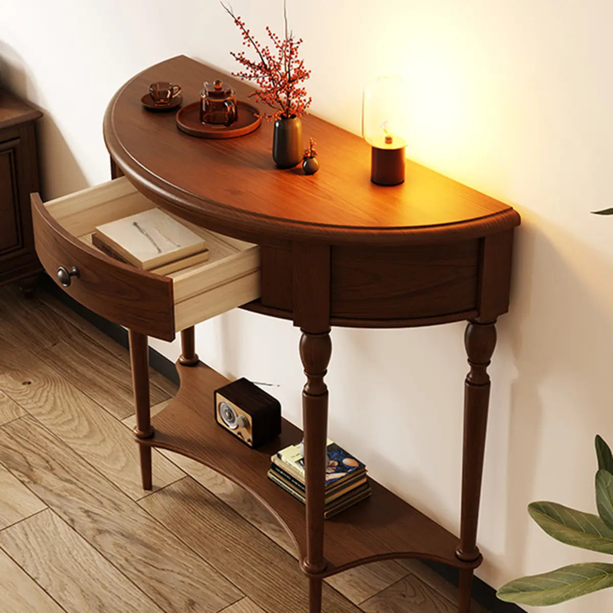 Half Moon Oak Wood Vintage Black Storage Console Table Image - 7