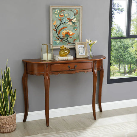 Half Moon Walnut Wooden Storage Console Table with Drawer Image - 1