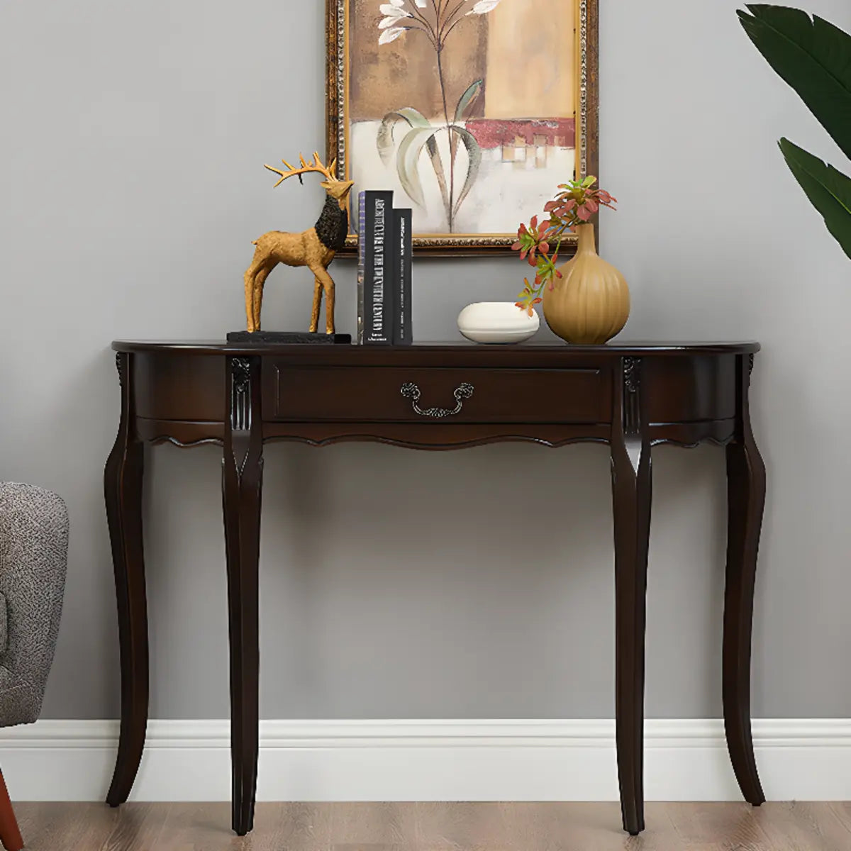 Half Moon Walnut Wooden Storage Console Table with Drawer Image - 3