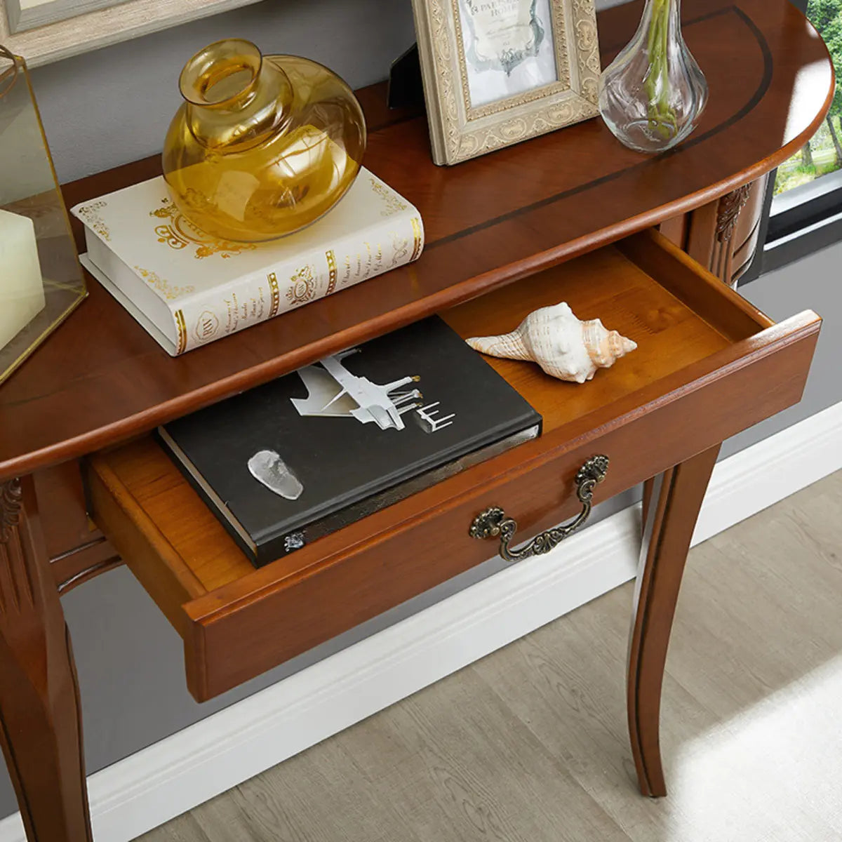 Half Moon Walnut Wooden Storage Console Table with Drawer Image - 4
