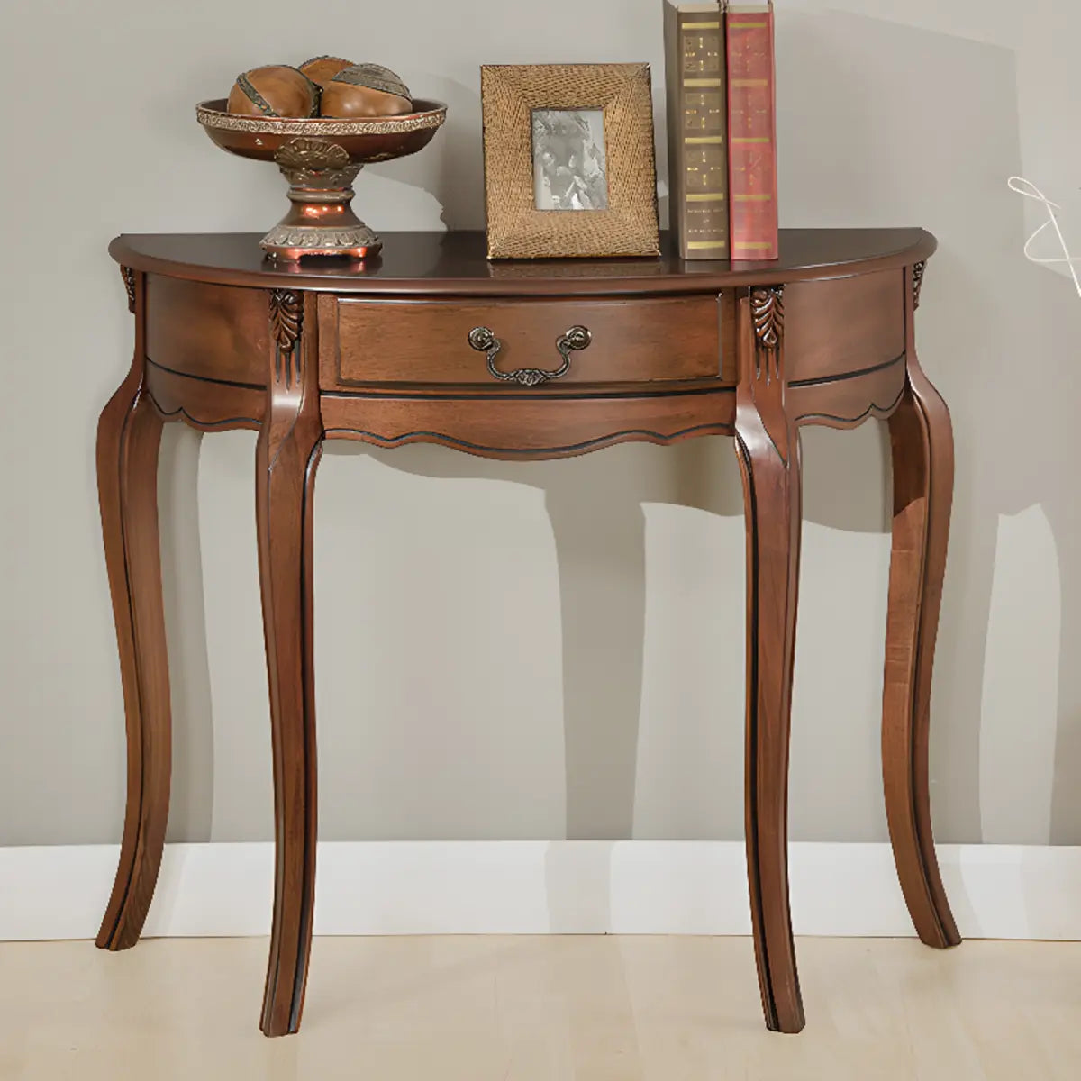 Half Moon Walnut Wooden Storage Console Table with Drawer Image - 5