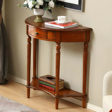 Half Moon Wood Cherry Console Entry Table with Drawers Image - 1