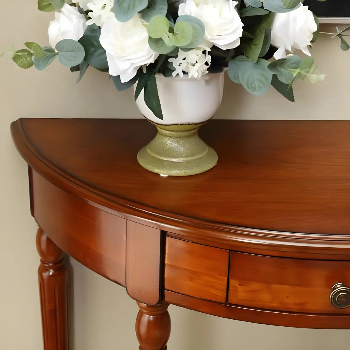 Half Moon Wood Cherry Console Entry Table with Drawers Image - 11