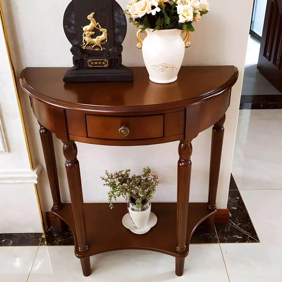 Half Moon Wood Cherry Console Entry Table with Drawers Image - 12