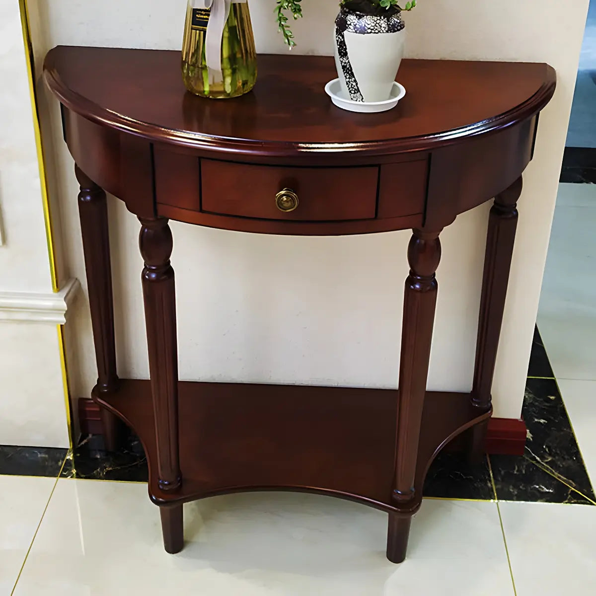 Half Moon Wood Cherry Console Entry Table with Drawers Image - 3