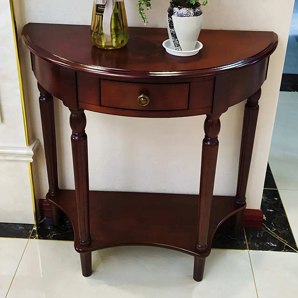Half Moon Wood Cherry Console Entry Table with Drawers Image - 3