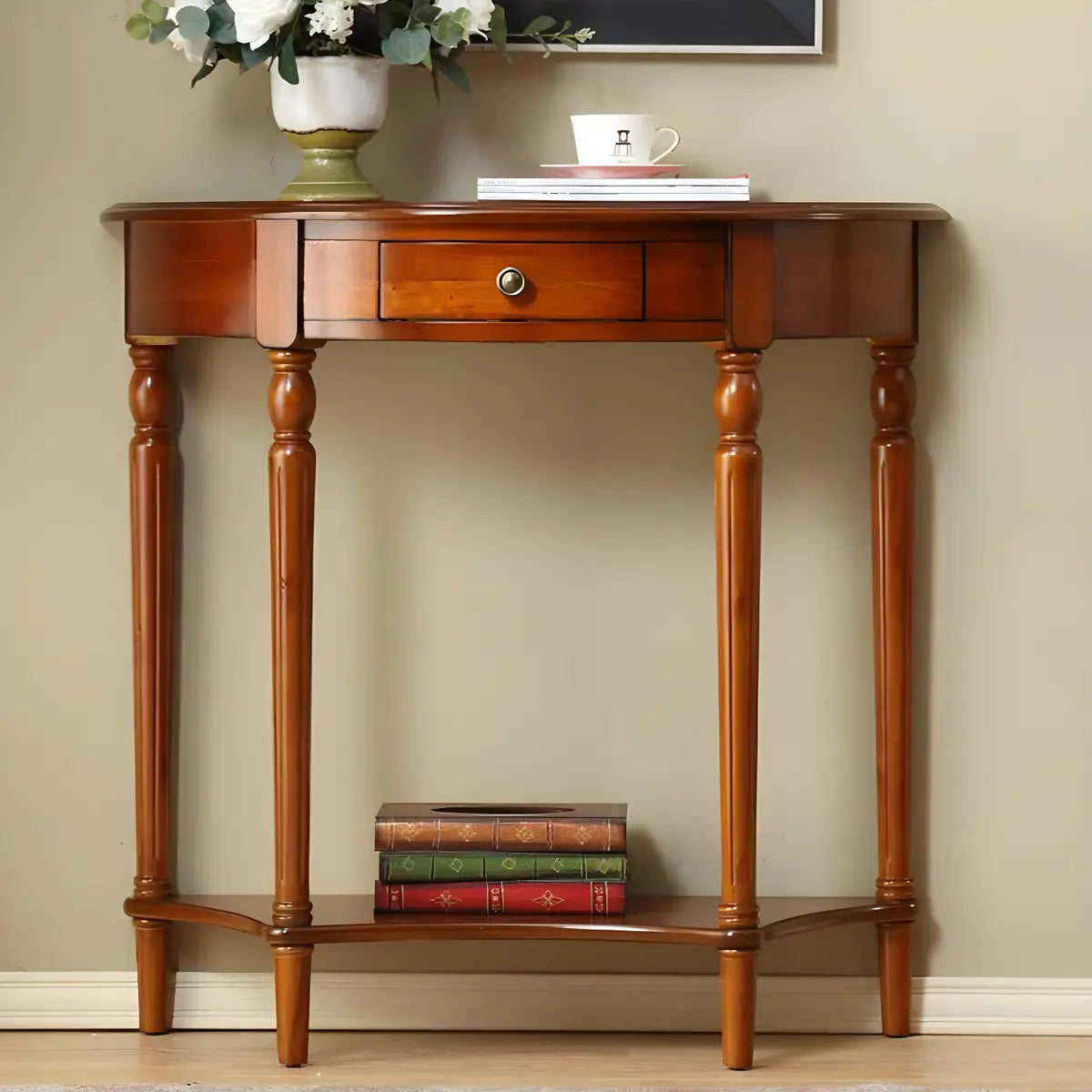 Half Moon Wood Cherry Console Entry Table with Drawers Image - 4