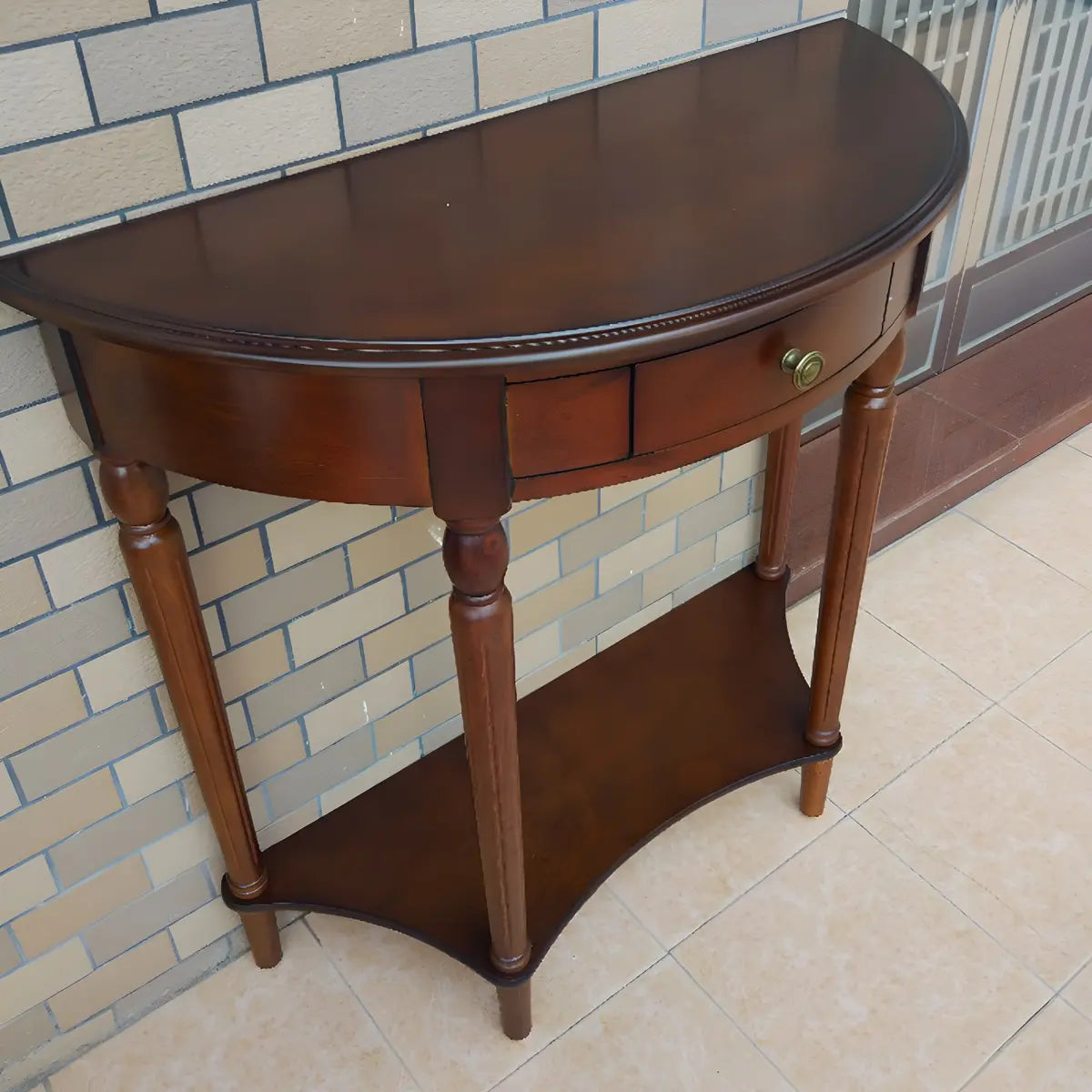 Half Moon Wood Cherry Console Entry Table with Drawers Image - 5