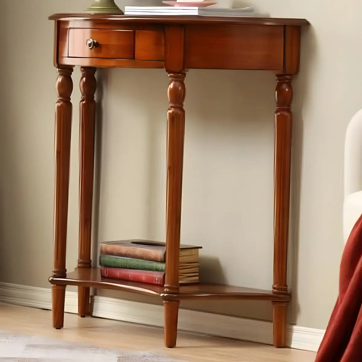 Half Moon Wood Cherry Console Entry Table with Drawers Image - 6