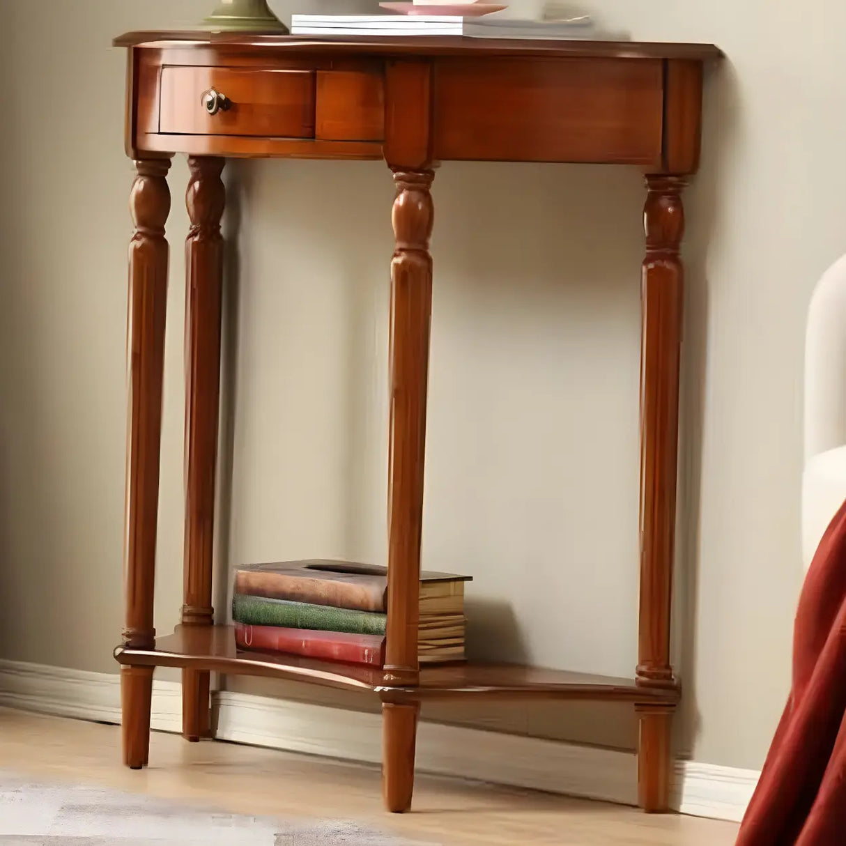 Half Moon Wood Cherry Console Entry Table with Drawers Image - 6