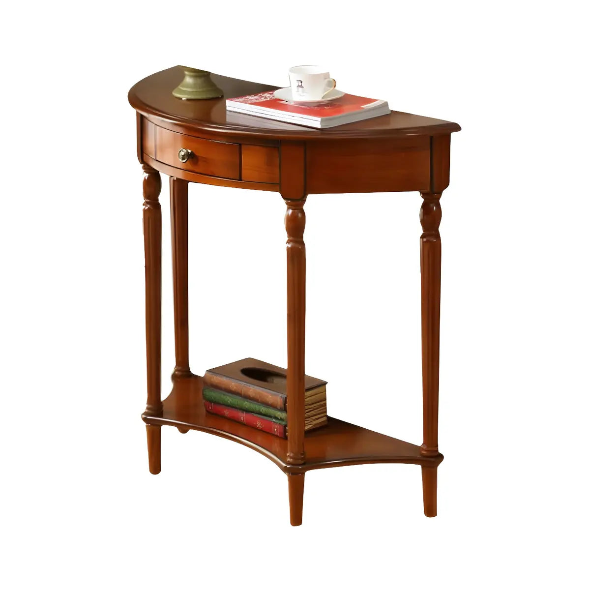 Half Moon Wood Cherry Console Entry Table with Drawers Image - 8
