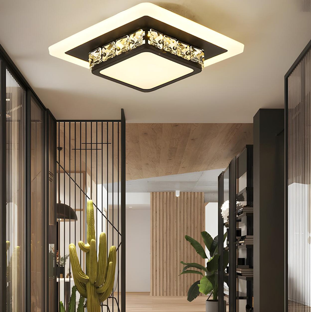 Hallway Black Round Crystal Flush Mount Ceiling Light Image - 4