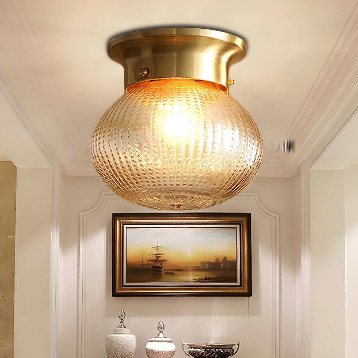 Hallway Brass Crystal Globe Flush Mount Ceiling Light Image - 5