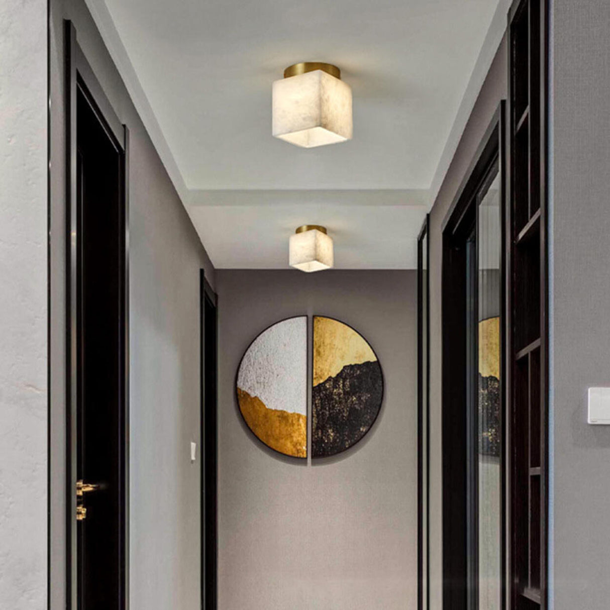 Hallway Cube Stone Brass Semi-Flush Mount Ceiling Light Image - 1