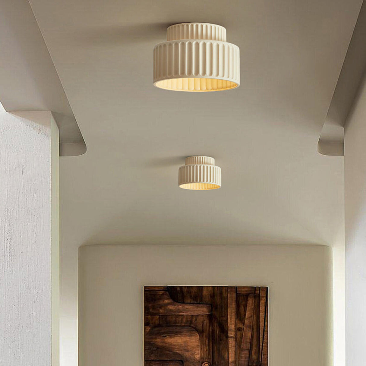 Hallway Green Ribbed Cylinder Flush Mount Ceiling Light Image - 7