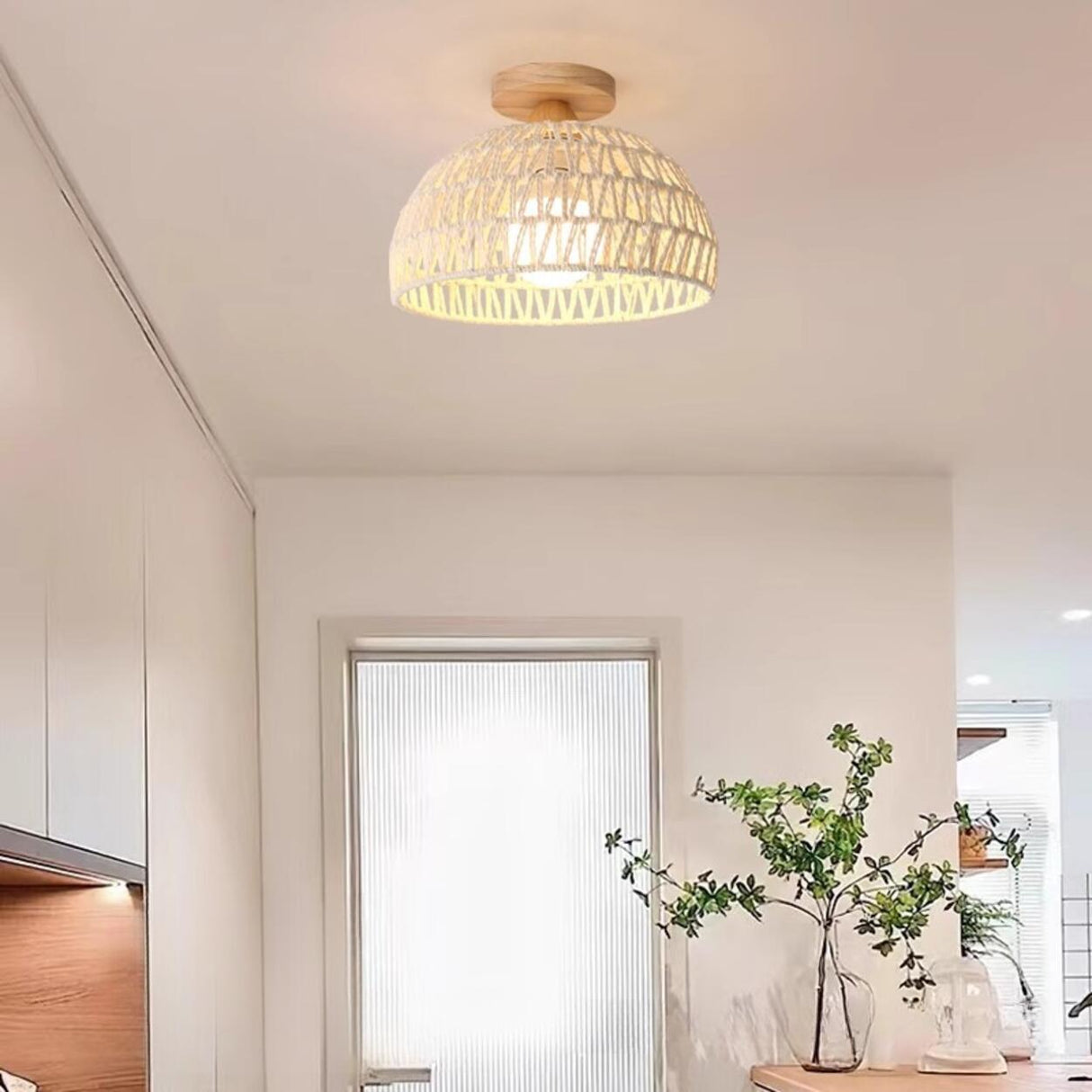 Hallway Oriental Woven Rattan Semi-Flush Mount Light Image - 1