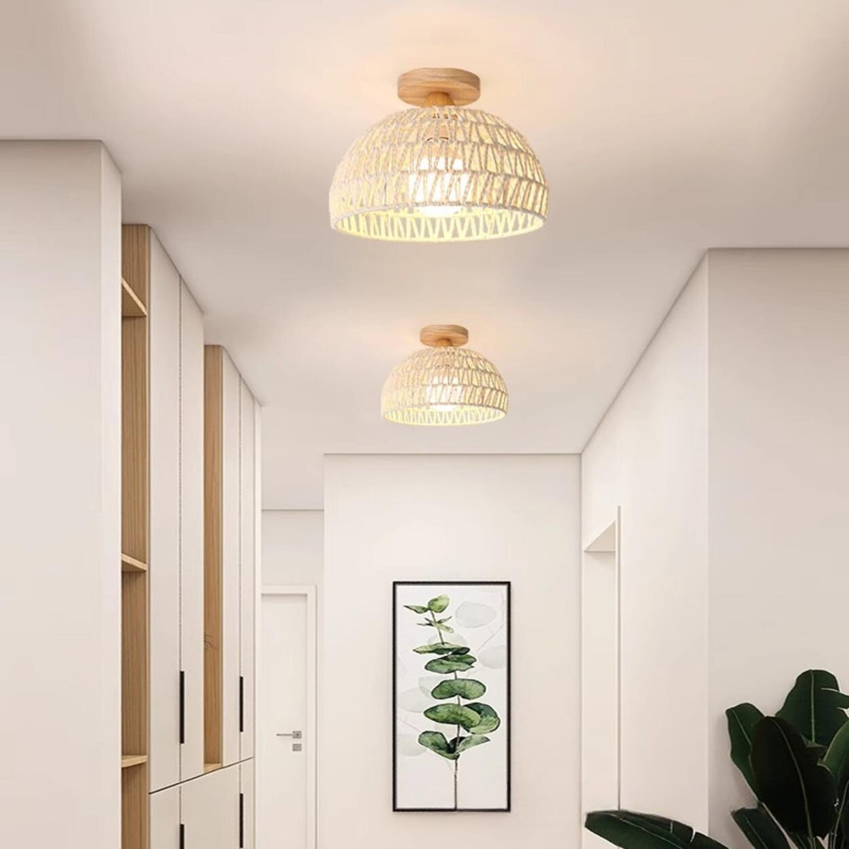 Hallway Oriental Woven Rattan Semi-Flush Mount Light Image - 2
