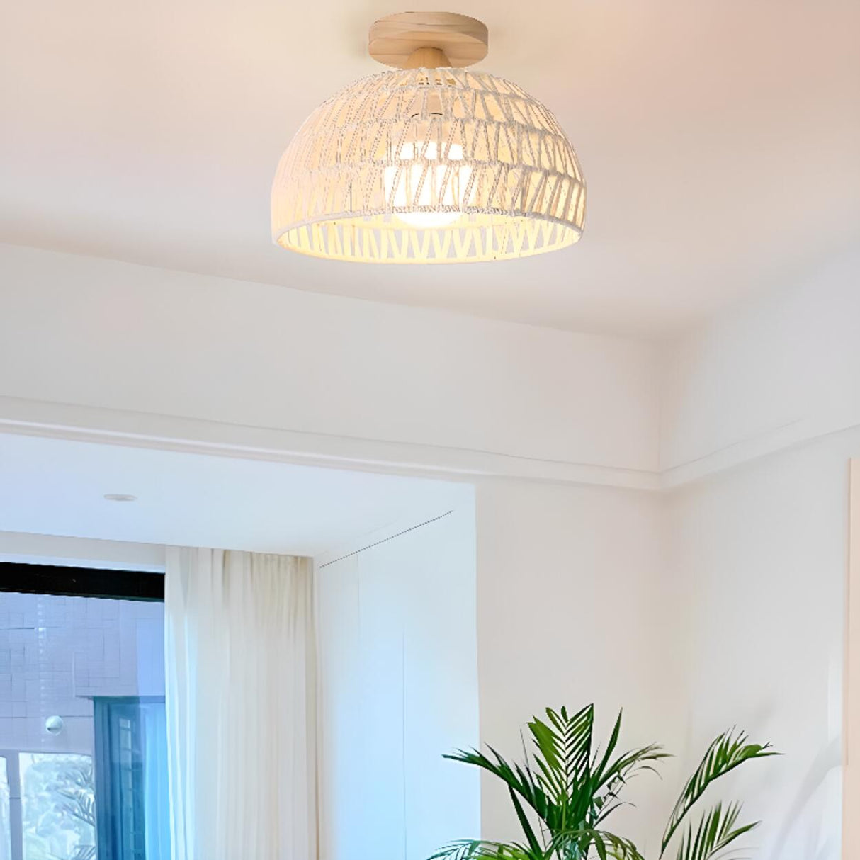 Hallway Oriental Woven Rattan Semi-Flush Mount Light Image - 3