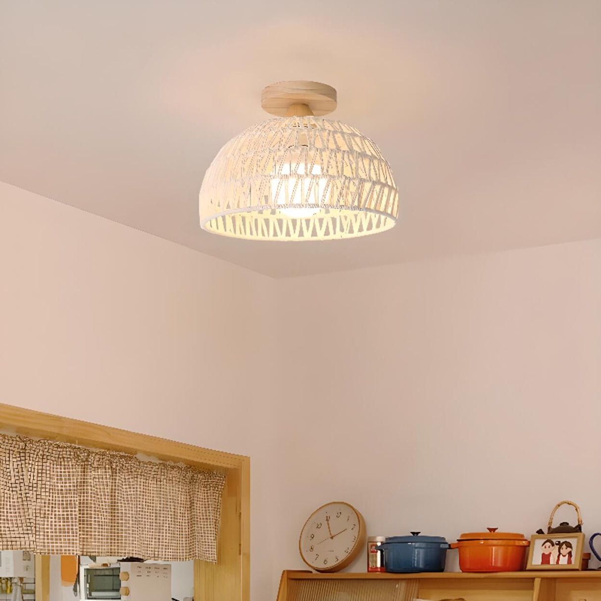 Hallway Oriental Woven Rattan Semi-Flush Mount Light Image - 4