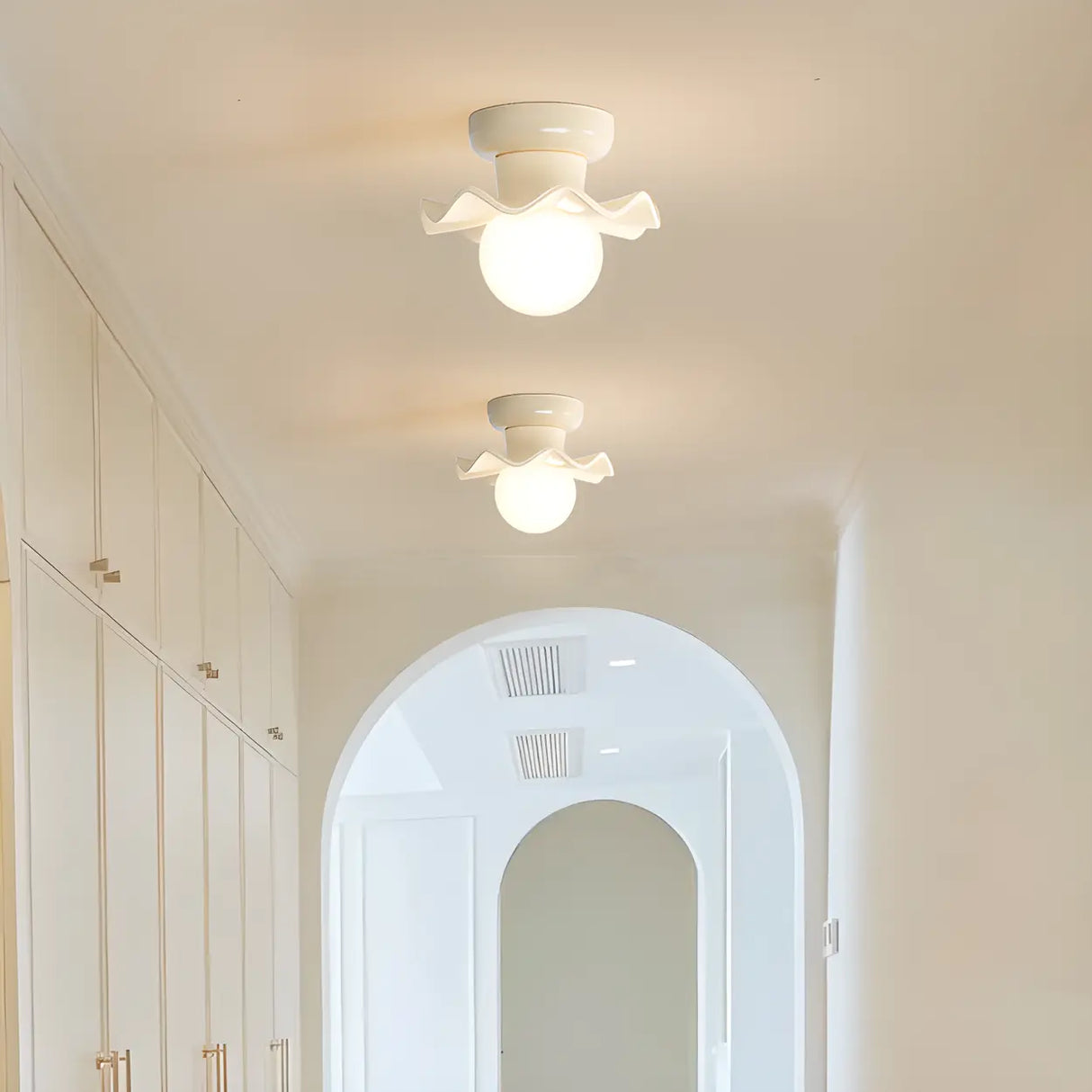 Hallway Resin Cream Flower Ball Semi-Flush Ceiling Lamp Image - 3