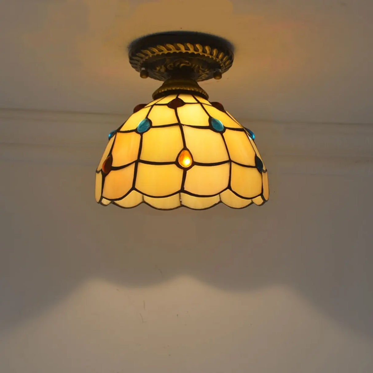 Hallway Tiffany Bowl Shape Brass Glass Flush Mount Lamp Image - 1