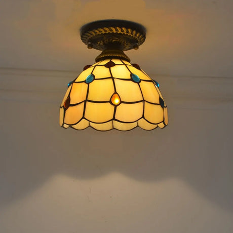 Hallway Tiffany Bowl Shape Brass Glass Flush Mount Lamp Image - 1