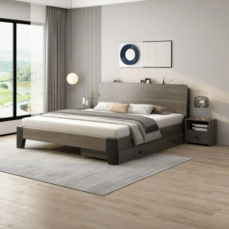 Headboard Gray Queen Wood Storage Bed with Drawers Image - 1