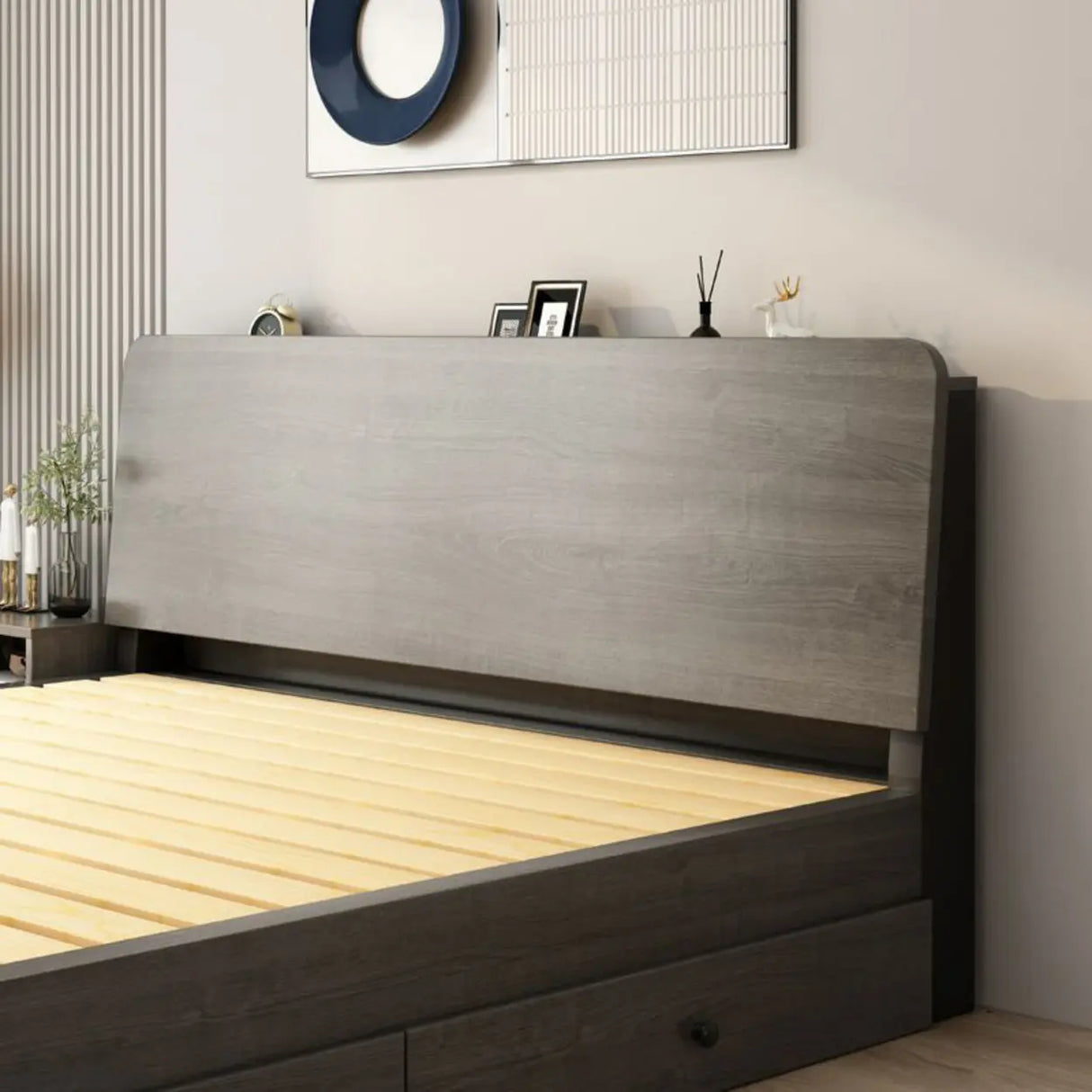 Headboard Gray Queen Wood Storage Bed with Drawers Image - 10