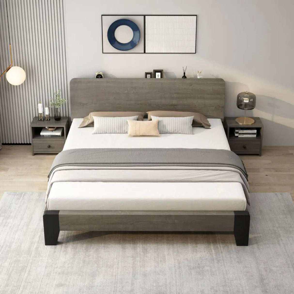 Headboard Gray Queen Wood Storage Bed with Drawers Image - 4