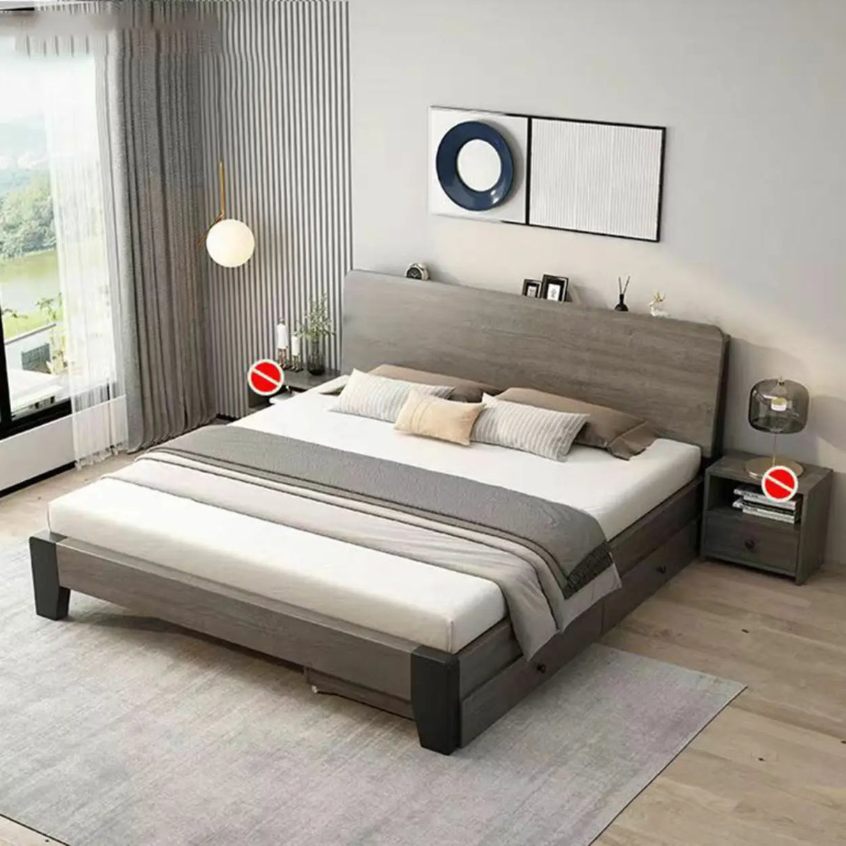 Headboard Gray Queen Wood Storage Bed with Drawers Image - 5