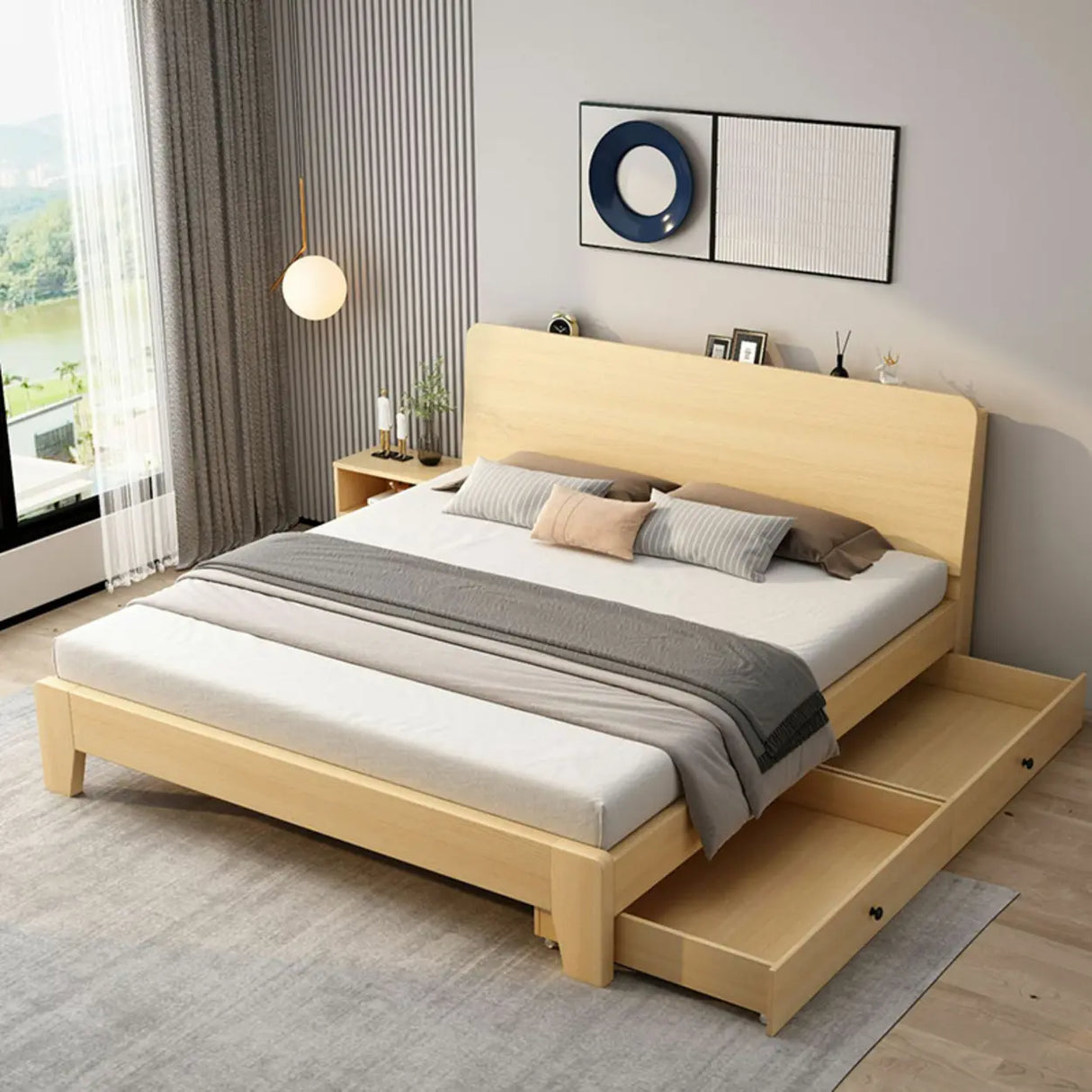 Headboard Gray Queen Wood Storage Bed with Drawers Image - 7