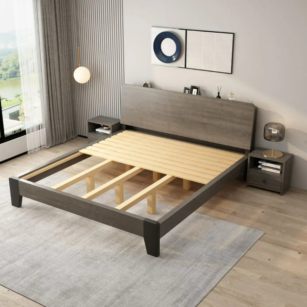 Headboard Gray Queen Wood Storage Bed with Drawers Image - 8