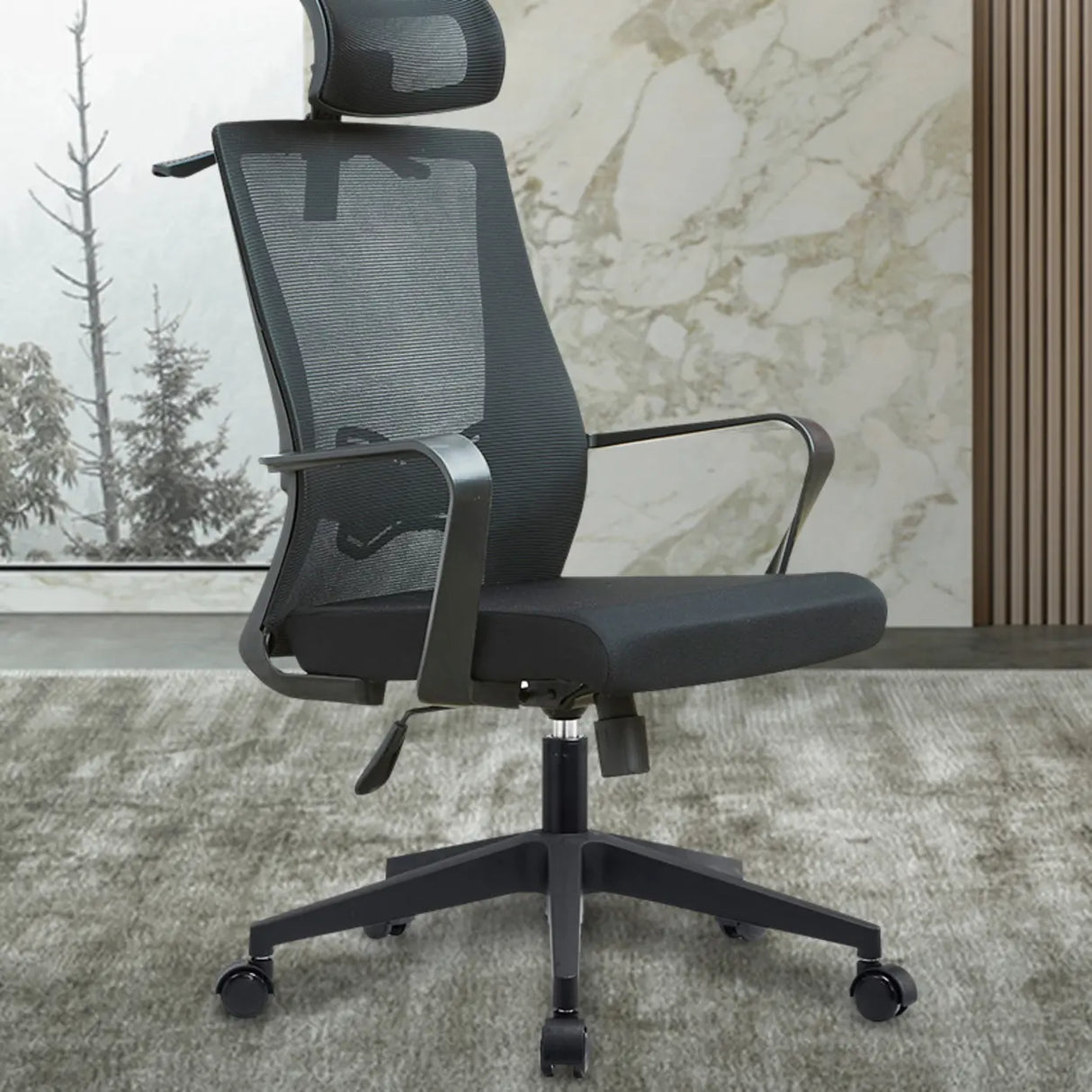 High-Back Black Adjustable Mesh Office Chair with Headrest Image - 4
