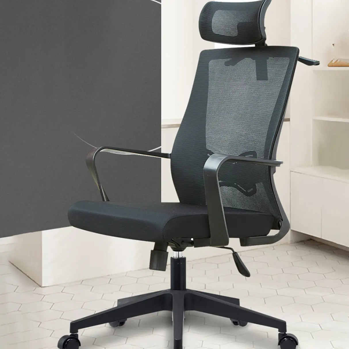 High-Back Black Adjustable Mesh Office Chair with Headrest Image - 6
