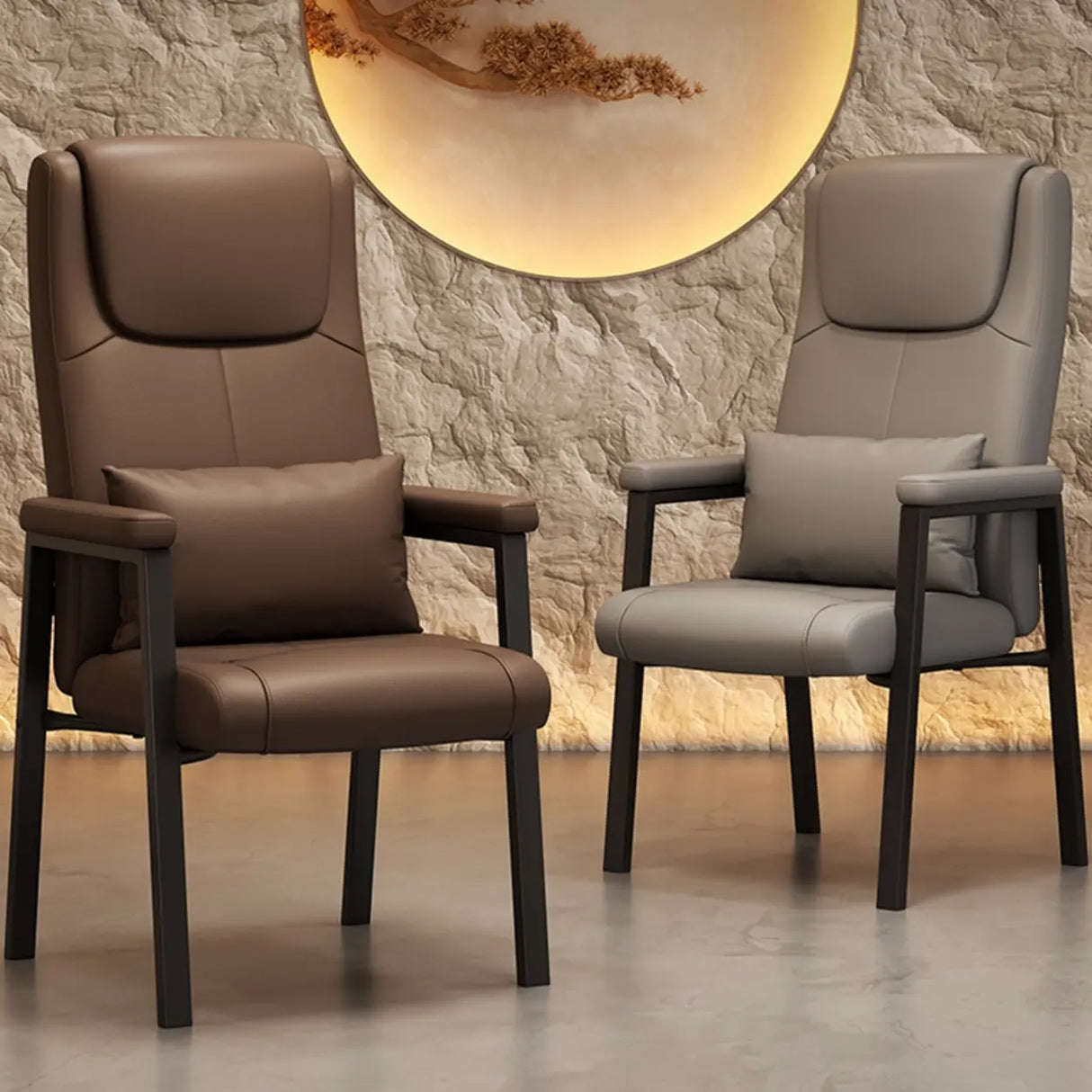 High-back Ergonomic Leather Grey Office Chair with Pillow Image - 7