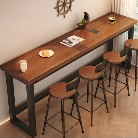 High Top Trestle Metal Base Footrest Wood Brown Bar Set Image - 1
