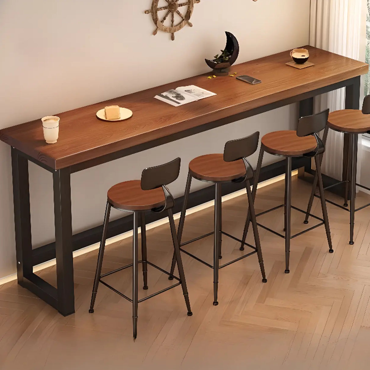 High Top Trestle Metal Base Footrest Wood Brown Bar Set Image - 2