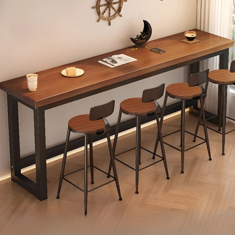 High Top Trestle Metal Base Footrest Wood Brown Bar Set Image - 2