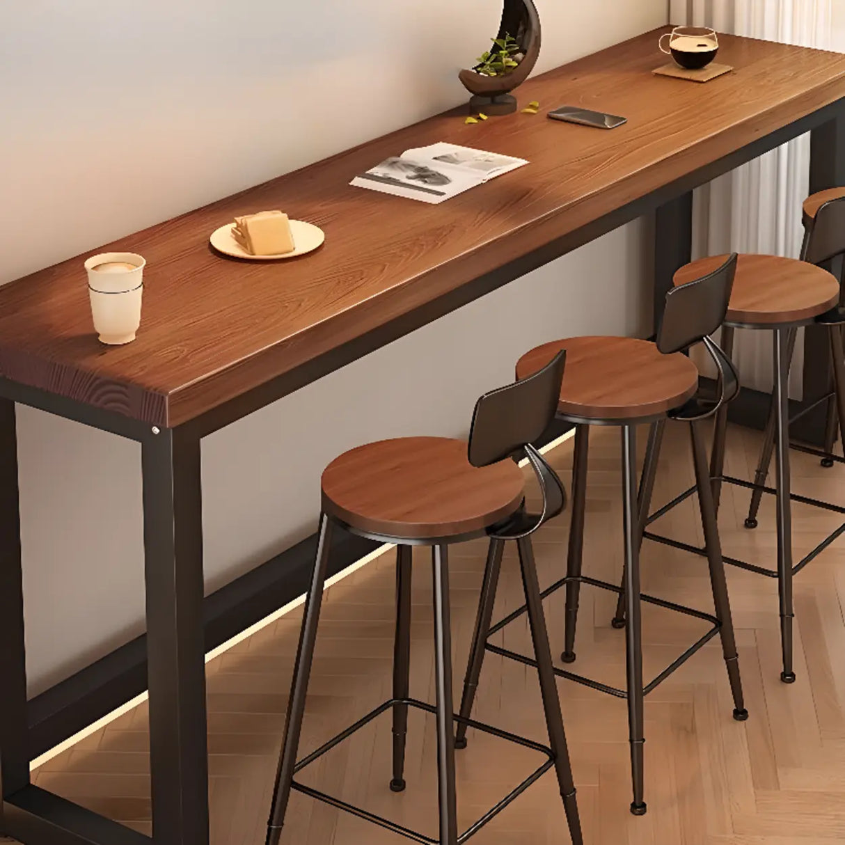 High Top Trestle Metal Base Footrest Wood Brown Bar Set Image - 4