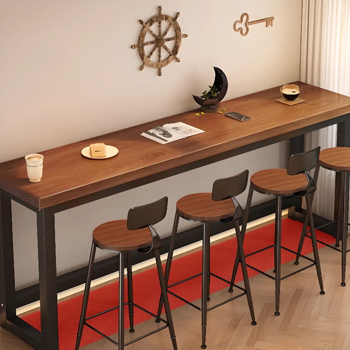 High Top Trestle Metal Base Footrest Wood Brown Bar Set Image - 5